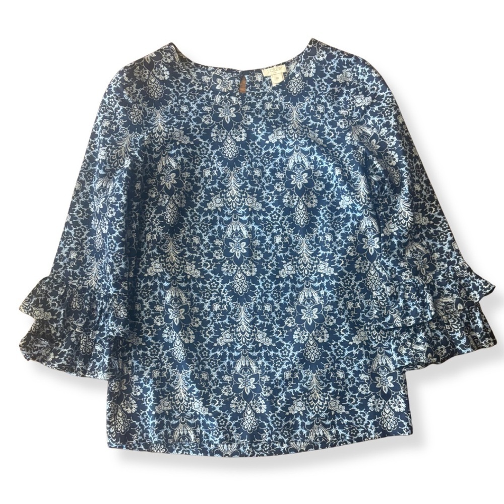 J.Crew Blue Floral Ruffle Sleeve Top | Size 00